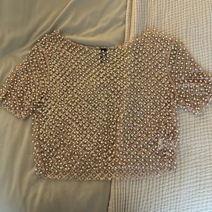 Sheer pink sparkly shirt, with pearls